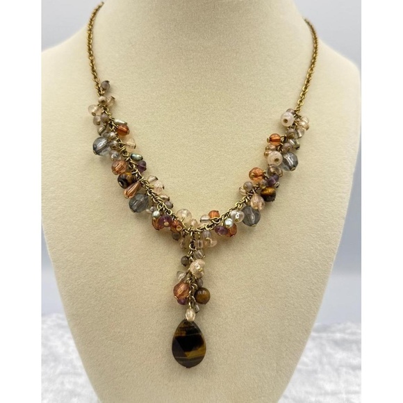 Avon Gold Tone Vintage Beaded Tigers Eye Necklace Dangle Drop Earrings Set - Picture 3 of 16
